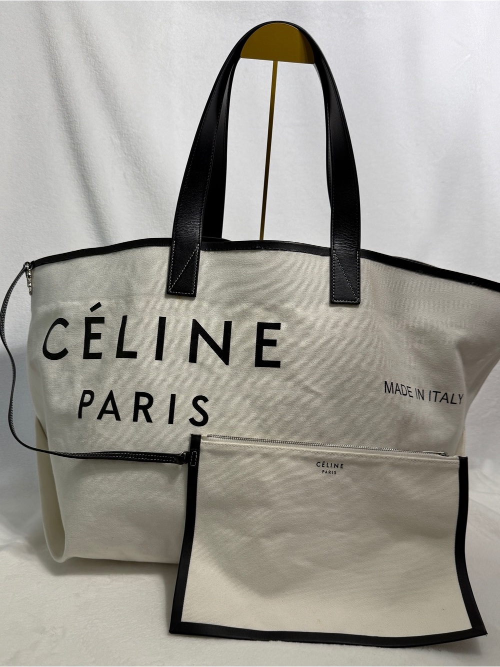 Celine White Canvas Paris Tote with Black Trim